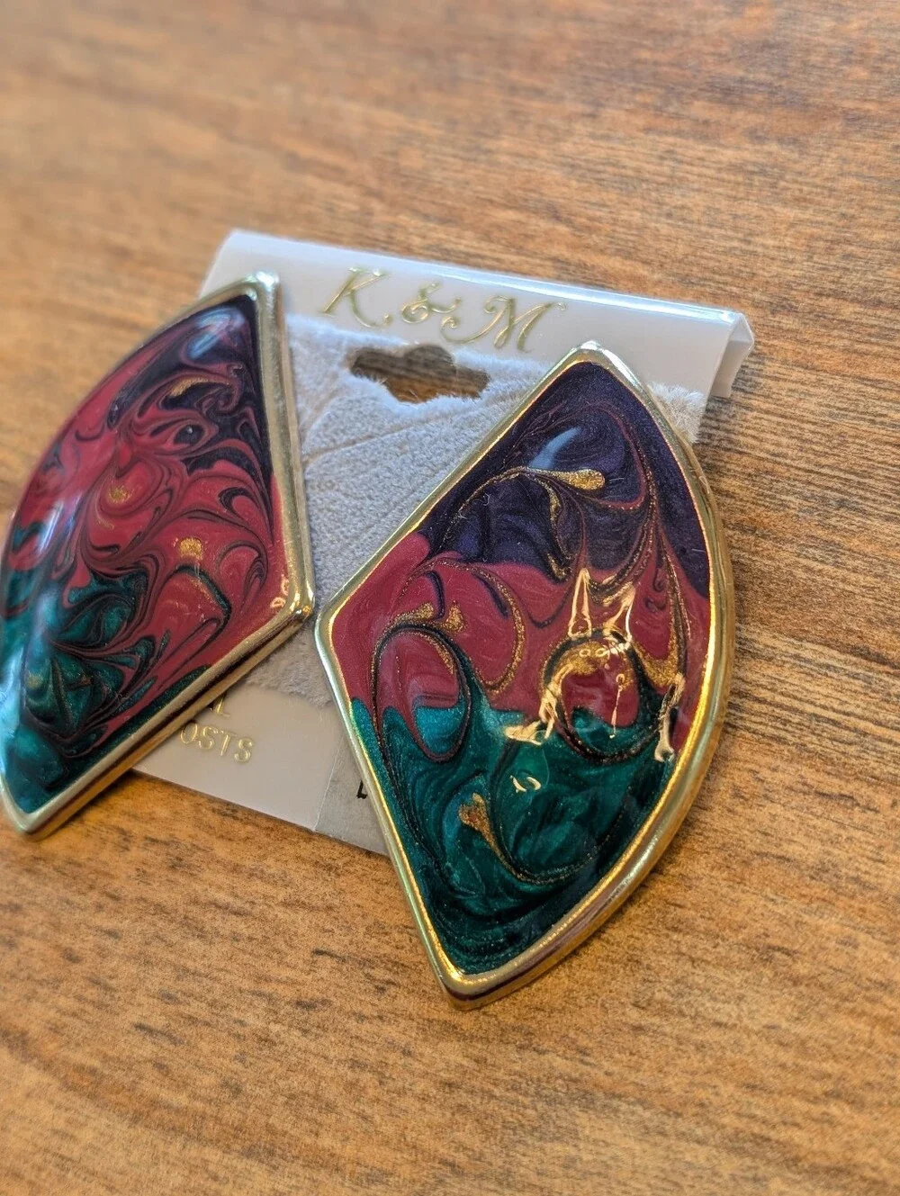 Vintage 1980's K&M Gold-tone Earrings With Teal/Purple/ + Red Enamel Swirling